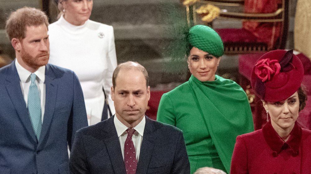 Prince Harry, Prince William, Meghan Markle, Kate Middleton walking separately at an event