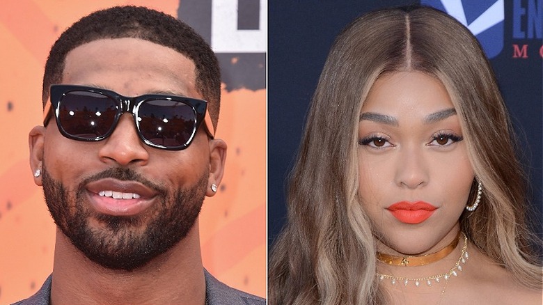 Tristan Thompson wearing sunglasses (left) and Jordyn Woods in red lipstick (right)