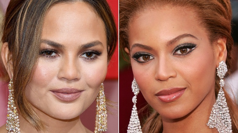 A split image of Chrissy Teigen and Beyoncé, wearing similar dangly earrings