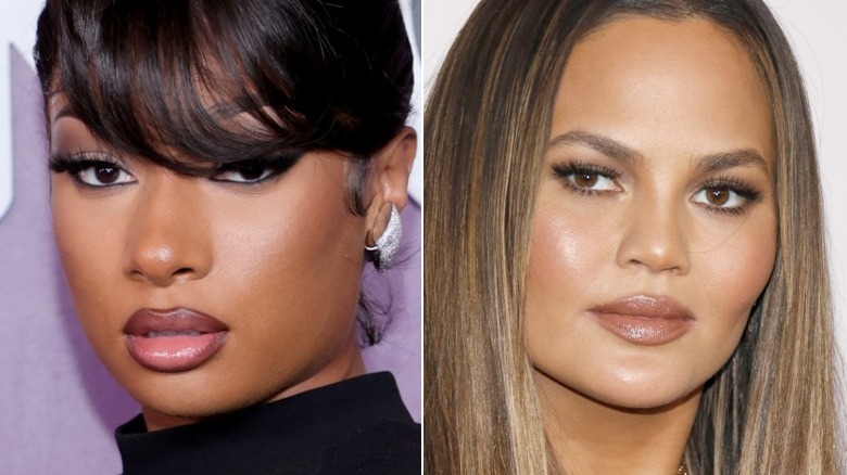 A split image of Megan Thee Stallion and Chrissy Teigen, both looking serious