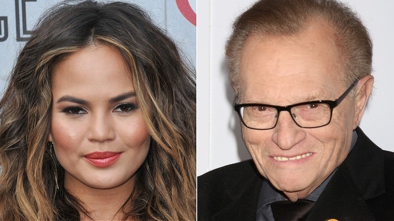 Larry King and Chrissy Teigen in split image, both smiling