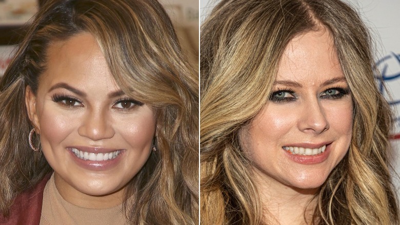 A split image of Chrissy Teigen and Avril Lavigne, both smiling awkwardly