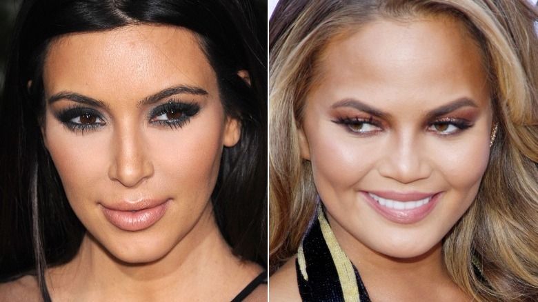 A split image of Kim Kardashian and Chrissy Teigen, both giving side-eye