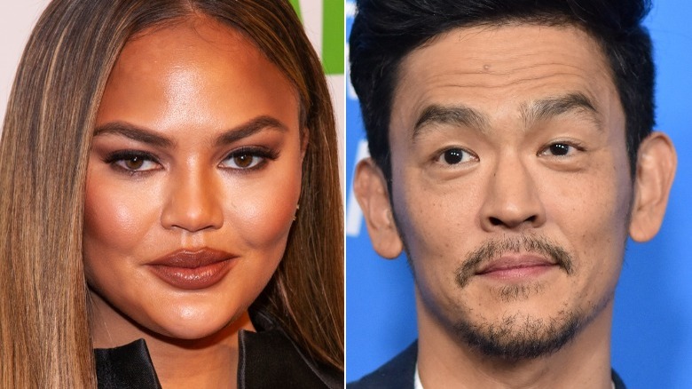 A split image of Chrissy Teigen and John Cho, both looking on