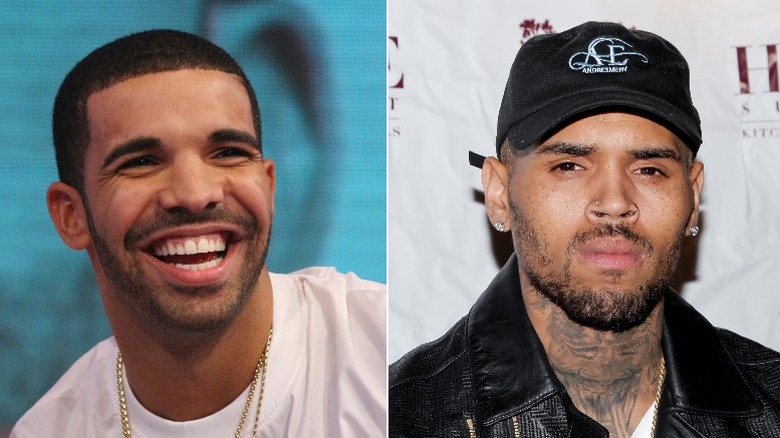 Drake, left and Chris Brown, right in press photos