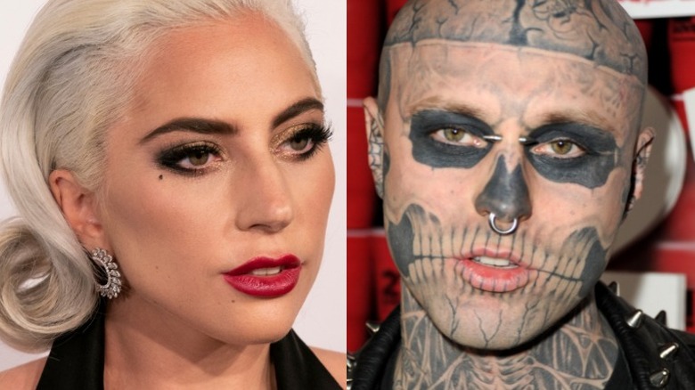 Lady Gaga peroxide slicked back hair, Rick Genest looks on