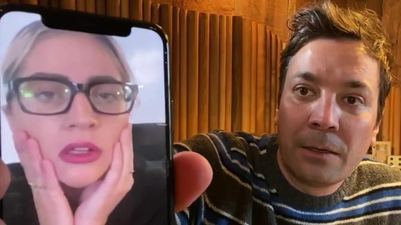 Lady Gaga on phone screen during awkward Jimmy Fallon interview