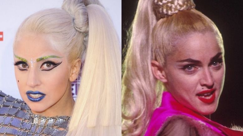 Lady Gaga, left, Madonna, right-both with high ponytails