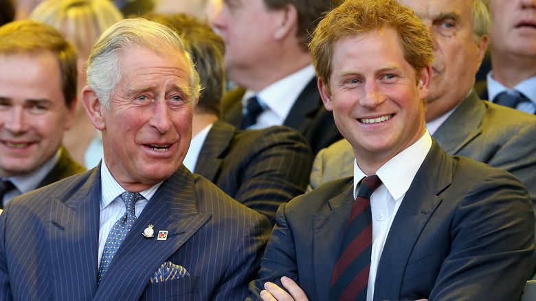 Prince Charles smiling, Prince Harry smiling 