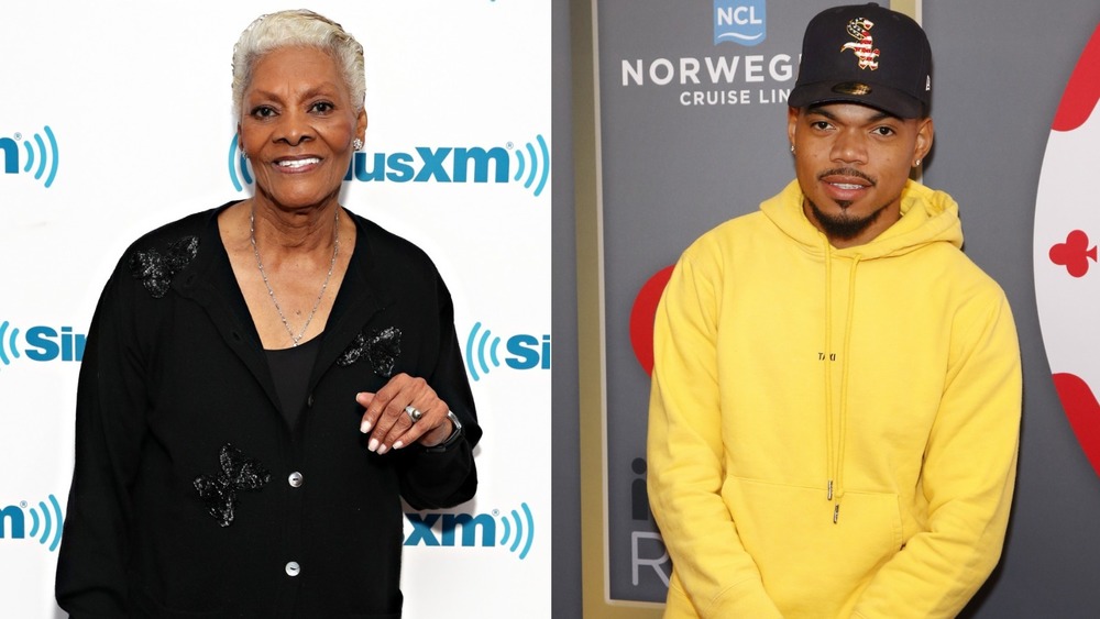 Dionne Warwick and Chance The Rapper posing in split image