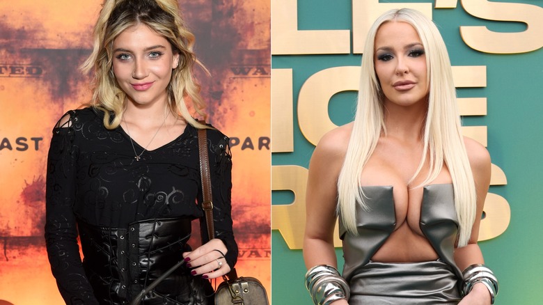 Split image of Mads Lewis and Tana Mongeau on red carpets