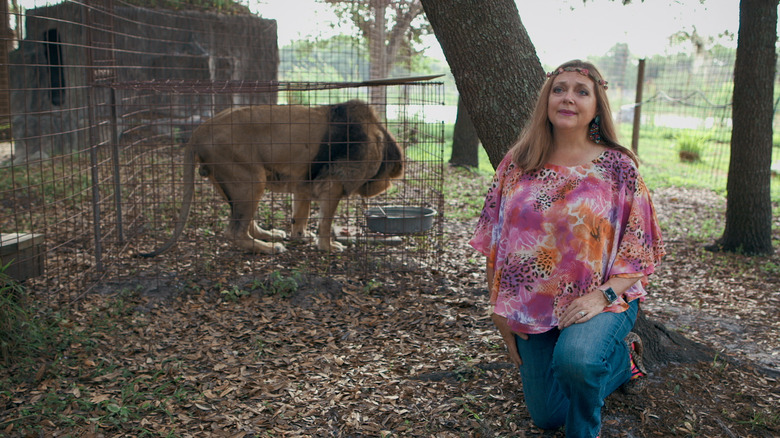 Carole Baskin kneels in front of a caged lion