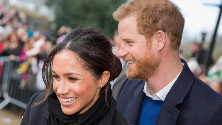 Prince Harry and his fiance Meghan Markle greet schoolchildren in Cardiff in 2018