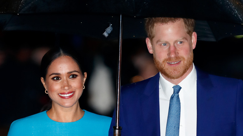 Meghan Markle and Prince Harry walk with an umbrella