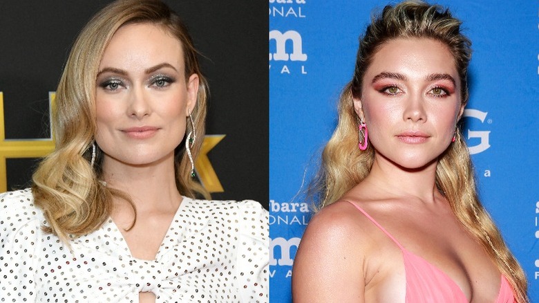 Olivia Wilde in polka dot top; Florence Pugh in pink ensemble