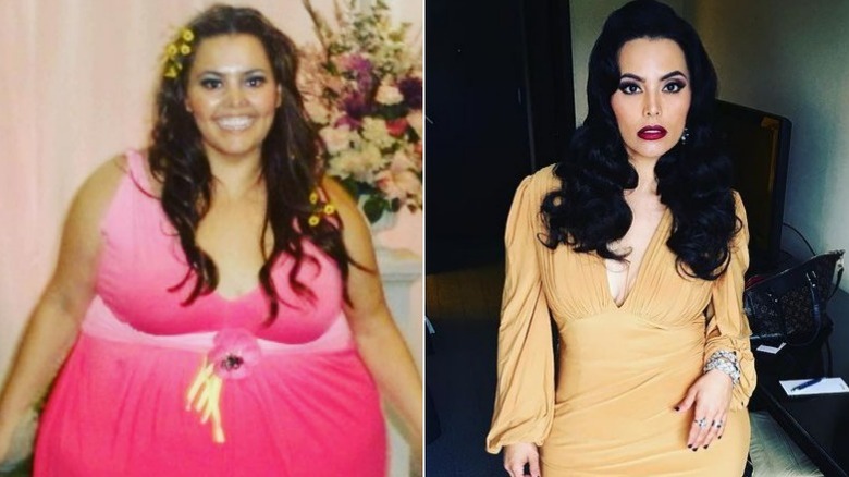 Rosie Mercado posing in pink, tan dresses