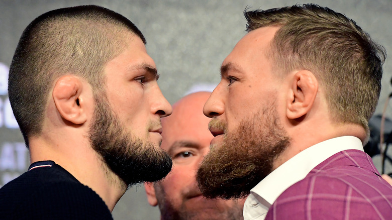 Khabib Nurmagomedov facing off against Conor McGregor