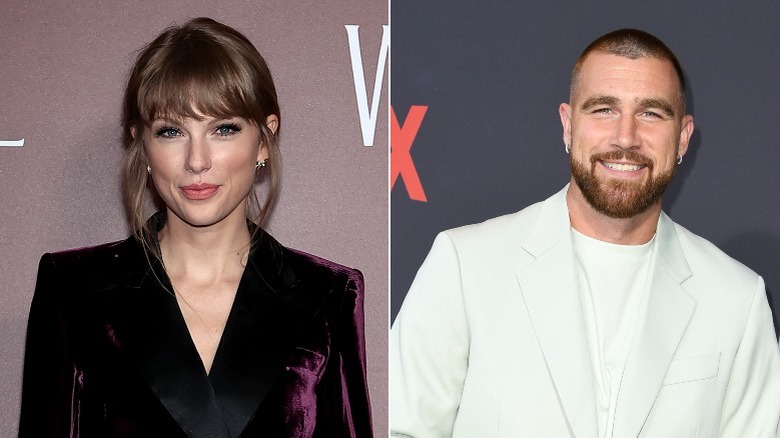 Taylor Swift; Travis Kelce smiling split image