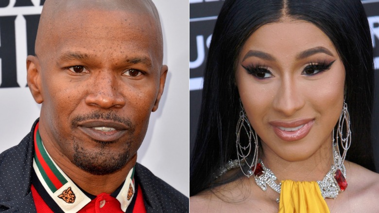 Jamie Foxx and Cardi B posing split image