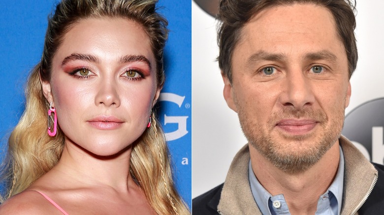 Florence Pugh in pink dress; Zach Braff in collared shirt