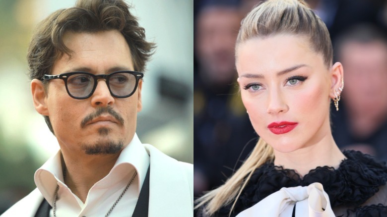 Johnny Depp and Amber Heard looking serious