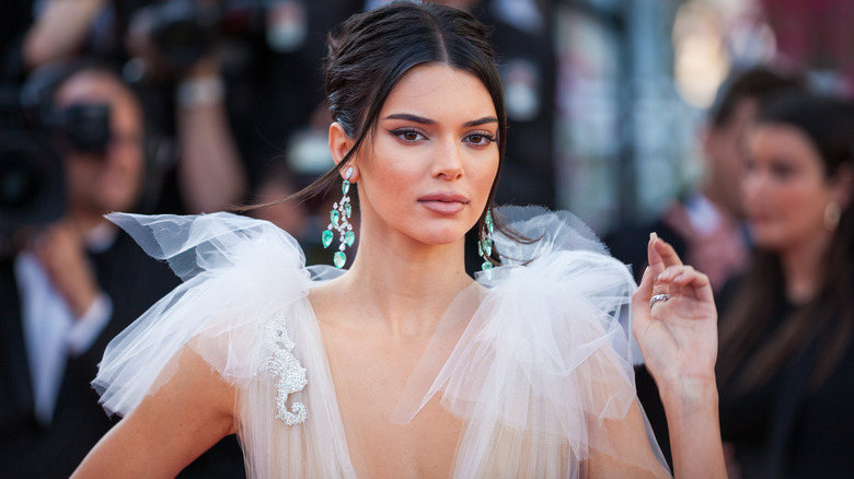 Kendall Jenner posing for a photo in white dress with her hair up in a bun