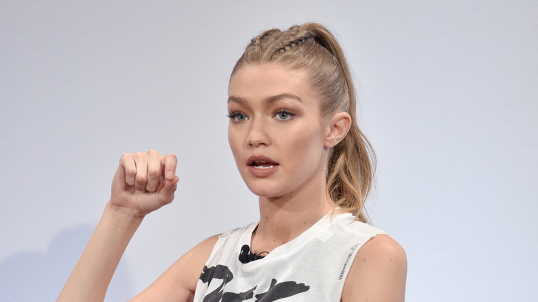 Gigi Hadid speaking at event