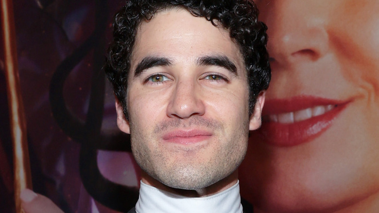 Darren Criss curly black hair green hazel eyes beard 5 o'clock shadow closed mouth smile