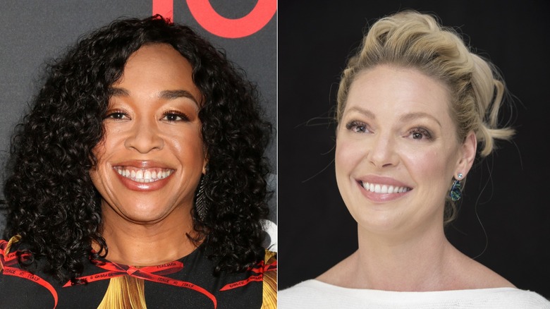 Side-by-side pictures of Shonda Rhimes smiling and Katherine Heigl grinning