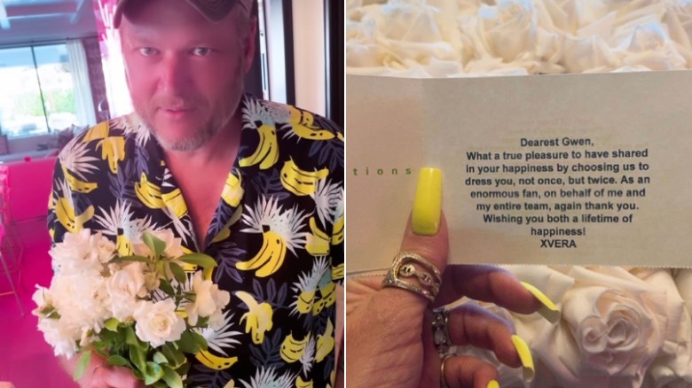 Blake Shelton with flowers, Gwen Stefani's note from Vera Wang
