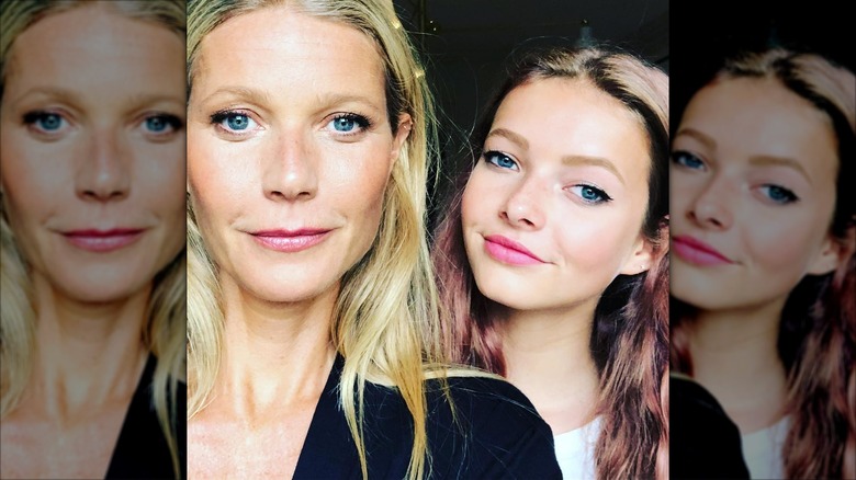 Gwyneth Paltrow and Apple Martin wearing pink lipstick in selfie