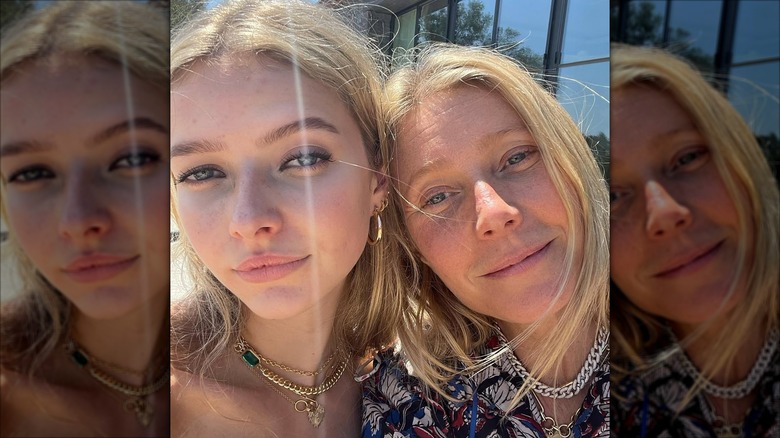 Gwyneth Paltrow leaning head against Apple Martin in close-up selfie