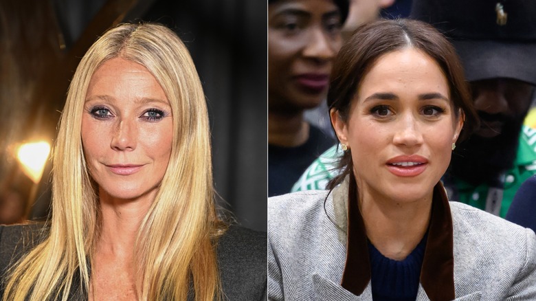 Split image of Gwyneth Paltrow with hair down, Meghan Markle with hair up