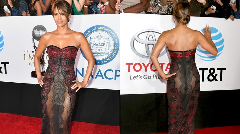 Halle Berry posing in lace dress from front, back