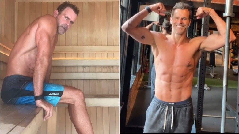 Split images of Cameron Mathison in a sauna and flexing in the gym