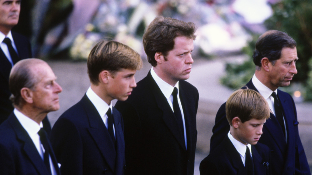 Harry, William, Charles at Diana's funeral