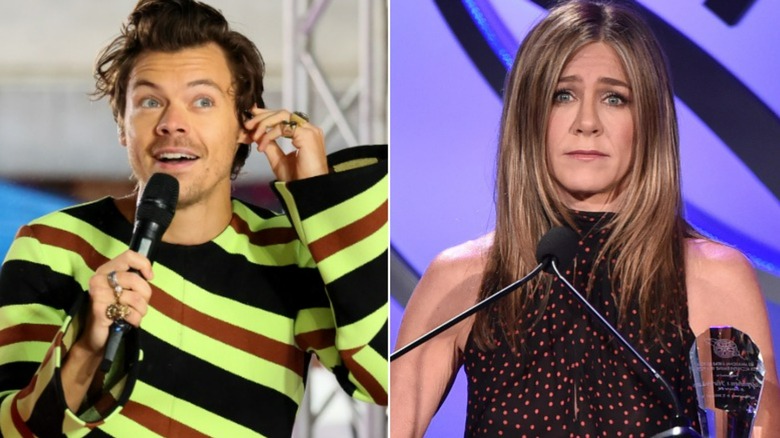 Harry Styles holding microphone, Jennifer Aniston frowning