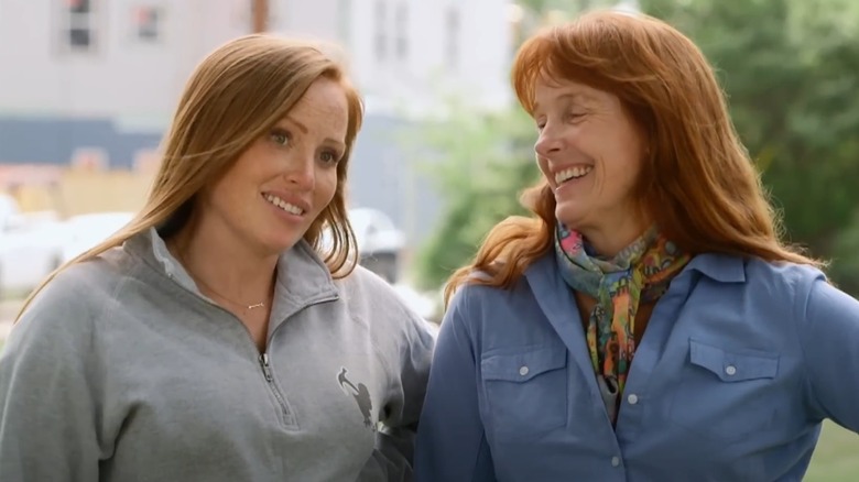 Mina Starsiak Hawk and Karen E. Laine laughing on the set of "Good Bones"