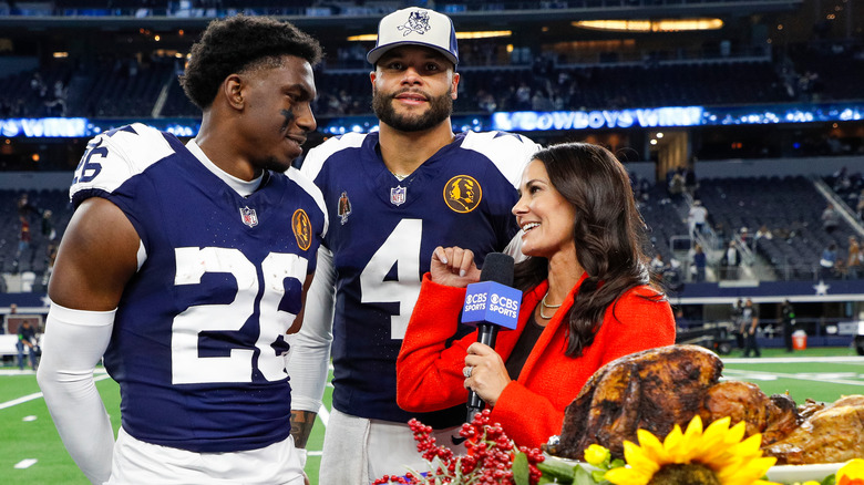 Tracy Wolfson interviewing Dallas Cowboys DaRon Bland and Dak Prescott 