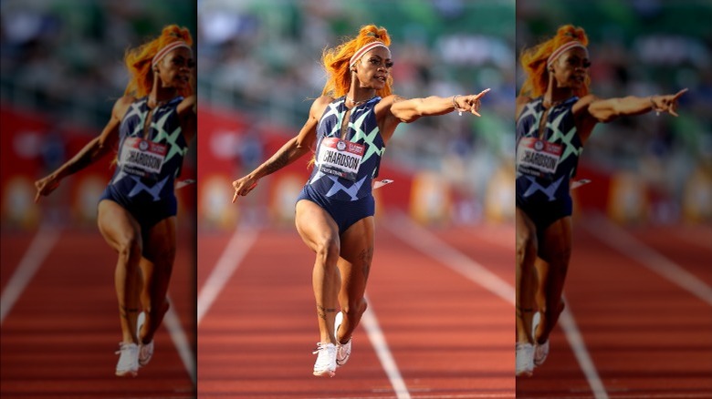 Sha'Carri Richardson pointing while running