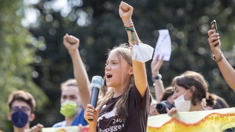 Greta Thunberg speaking at protest