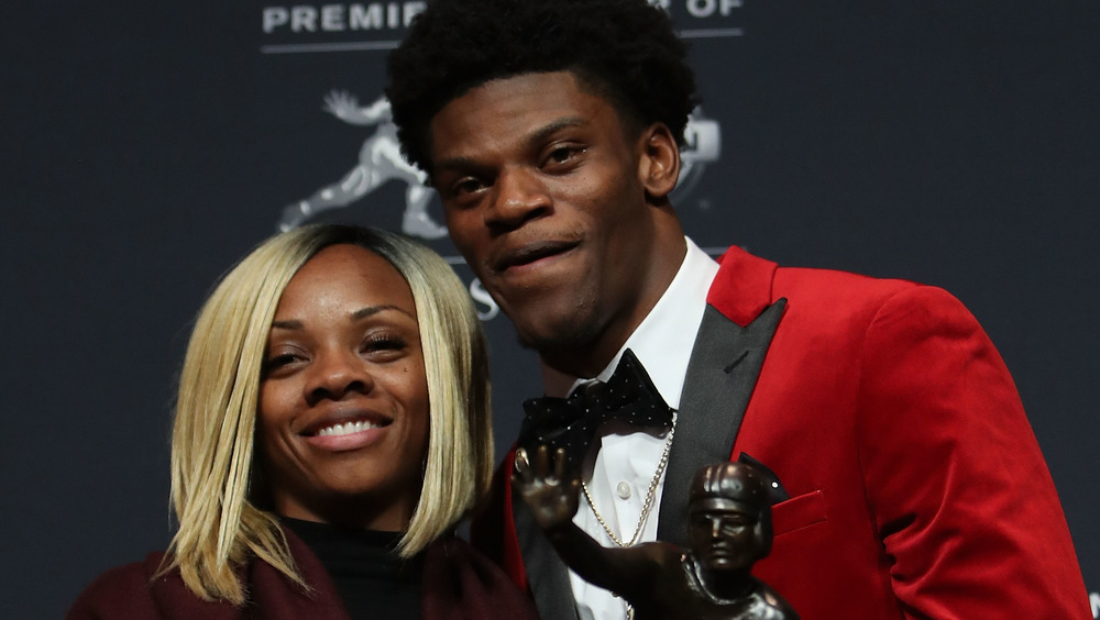 Lamar Jackson and mom Felicia Jones posing together