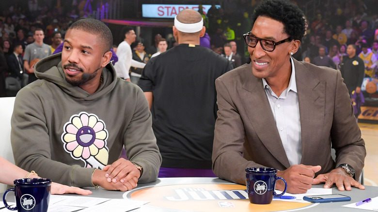 Michael B. Jordan and Scottie Pippen sitting on The Jump panel