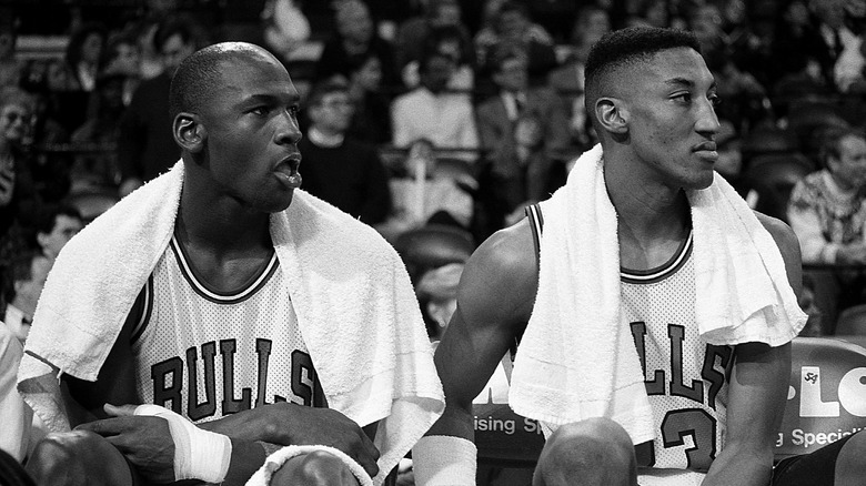 Michael Jordan, Scottie Pippen sitting on the Bulls bench during their days of playing