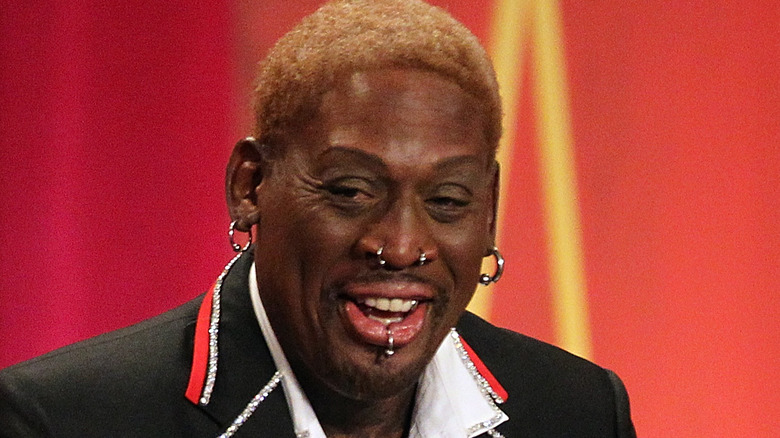 Dennis Rodman smiling during Hall of Fame induction speech