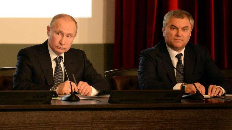 Vladimir Putin and chief of staff Vyacheslav Volodin sitting