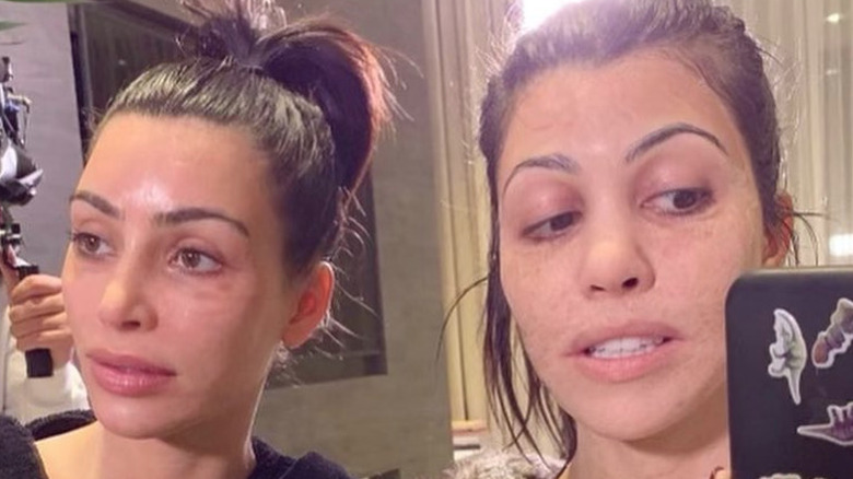 Kim and Kourtney Kardashian pose without makeup