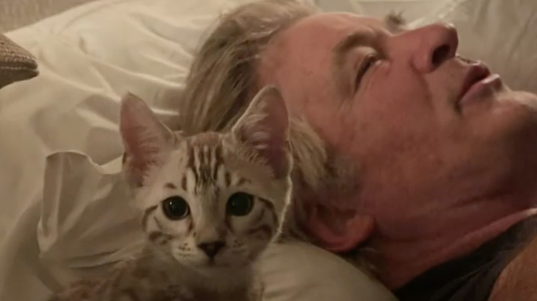 Alec Baldwin lying in bed with his kitten