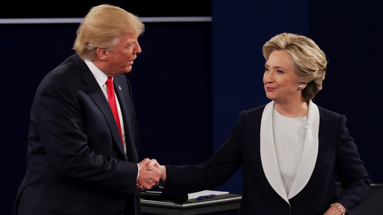 Donald Trump shakes hands with Hillary Clinton