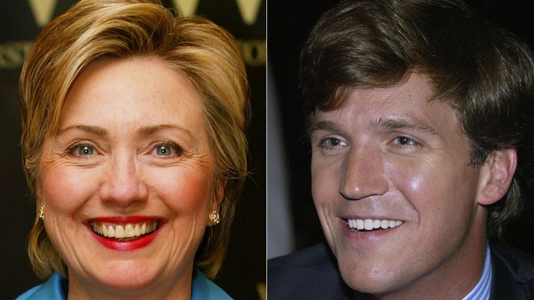 Hillary Clinton; Tucker Carlson smiling split image